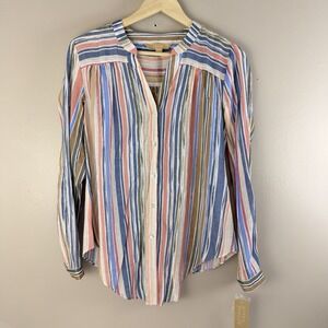Hope & Harlow Ladies Striped Tie Front Button Down Shirt S Roll Tab Sleeve NWT